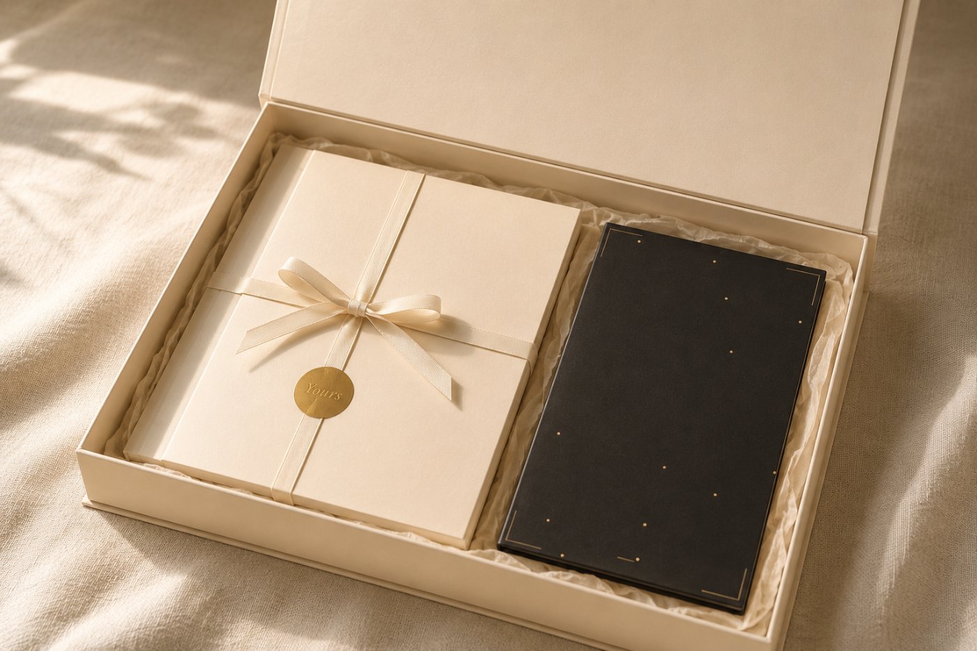 The open keepsake box — the gift-wrapped cards and companion booklet resting in tissue