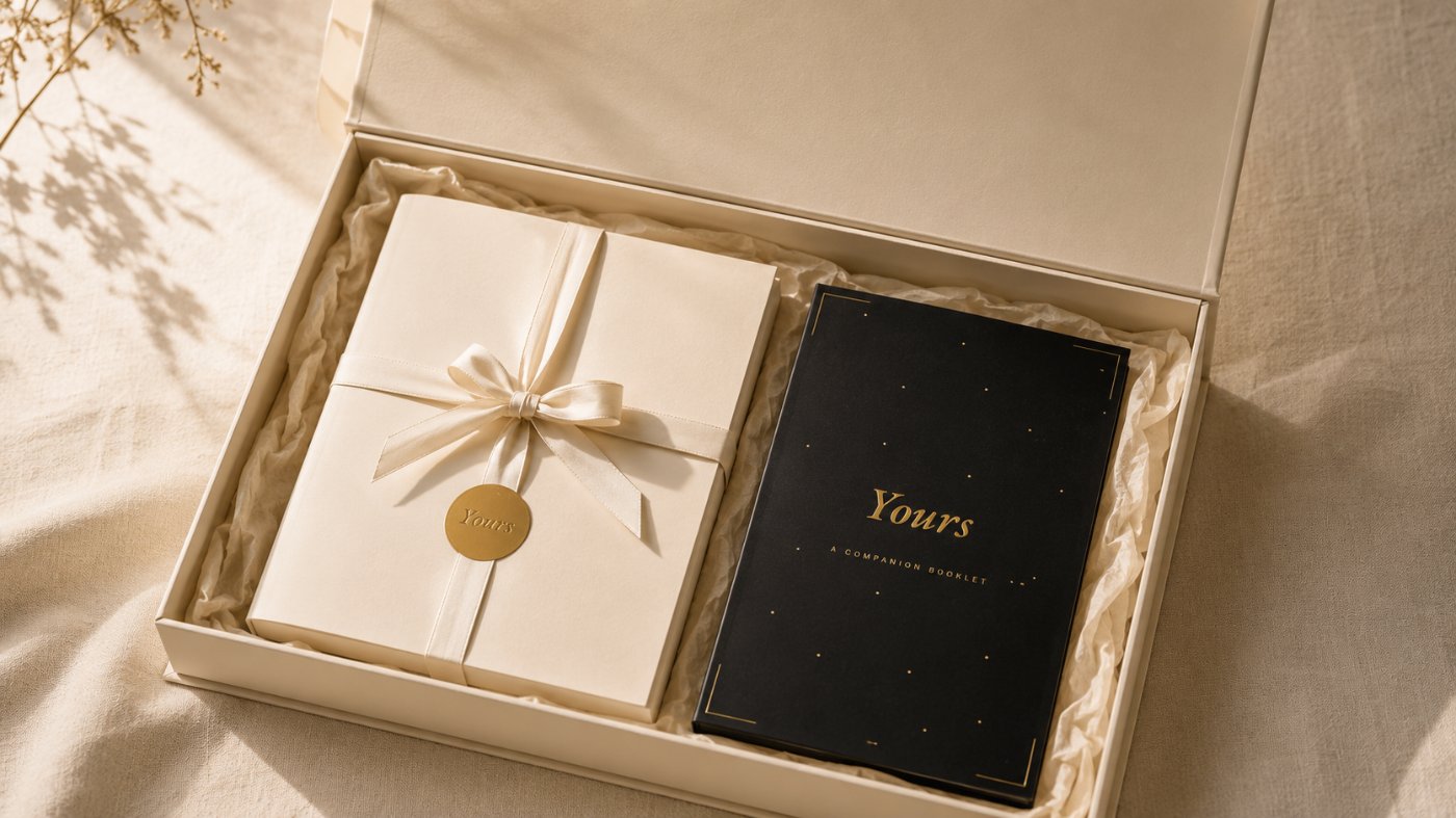 The open box — gift-wrapped cards and booklet