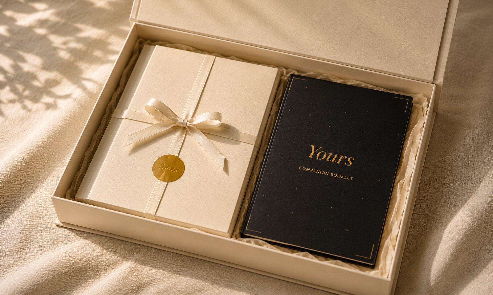 The open keepsake box — the gift-wrapped cards beside the warm-dark companion booklet, gold-stamped